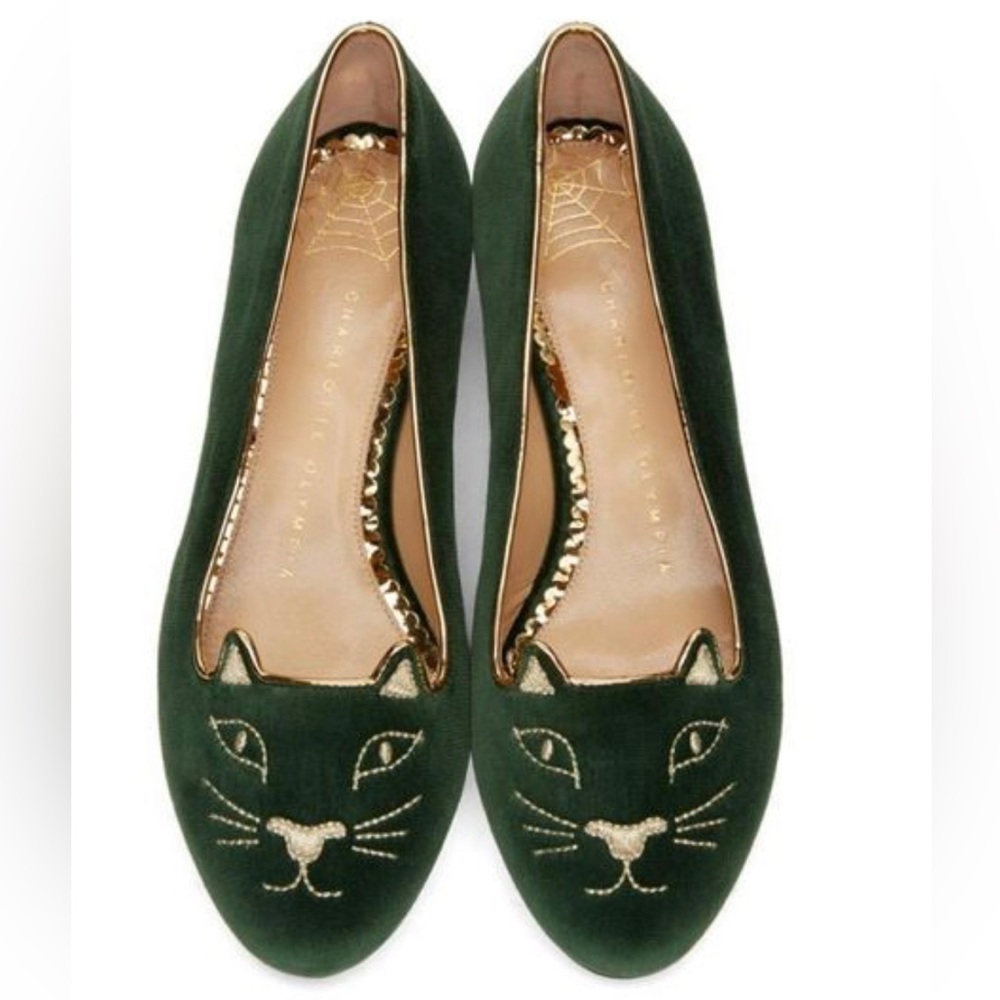 Charlotte Olympia dark green suede cat flats loafers ballet embroidered leather